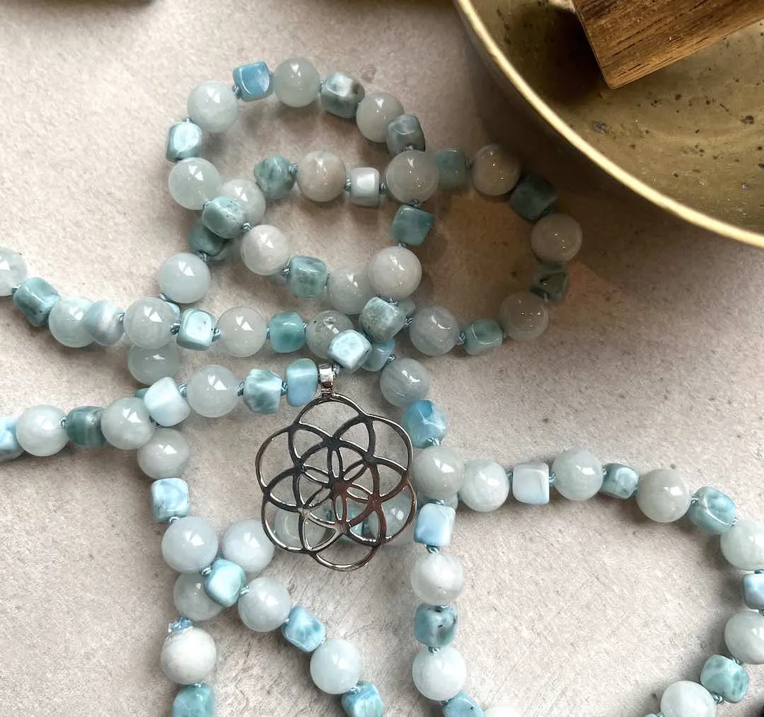 Blue Aquamarine and Larimar gemstone Mala with Silver Flower of Life pendant