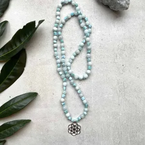 Blue Aquamarine and Larimar gemstone Mala with Silver Flower of Life pendant