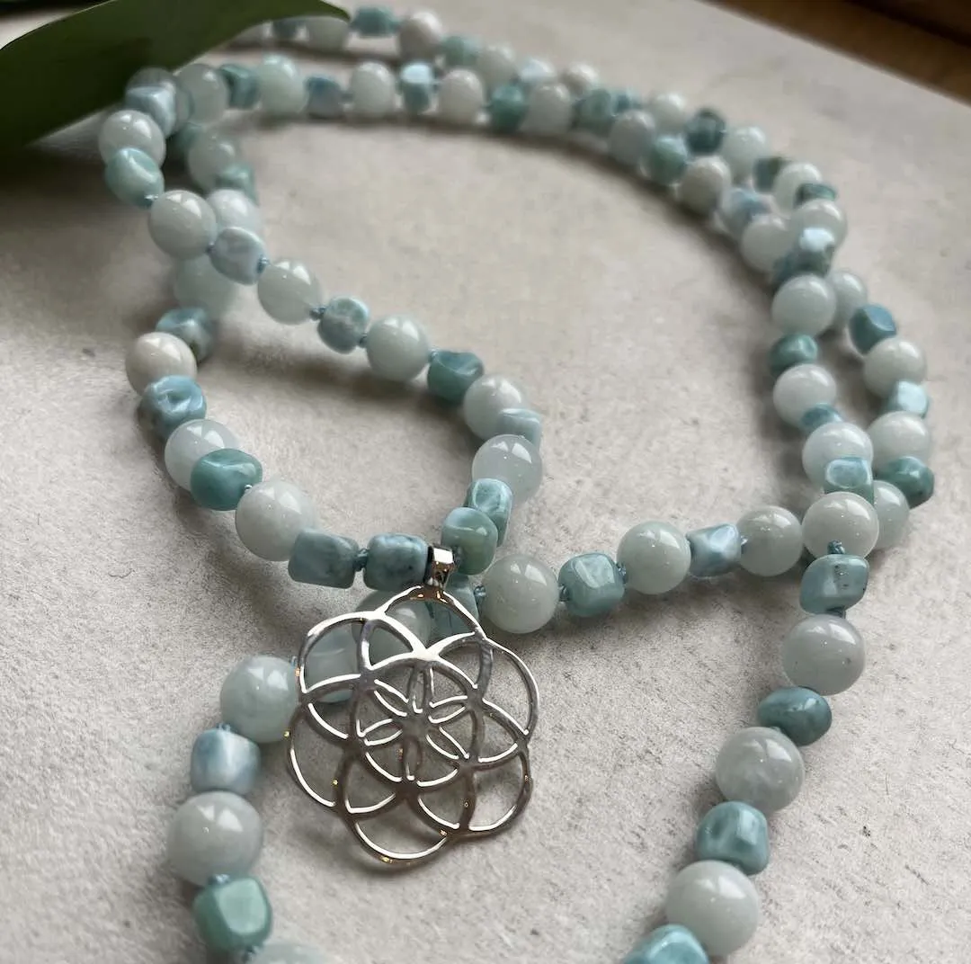 Blue Aquamarine and Larimar gemstone Mala with Silver Flower of Life pendant