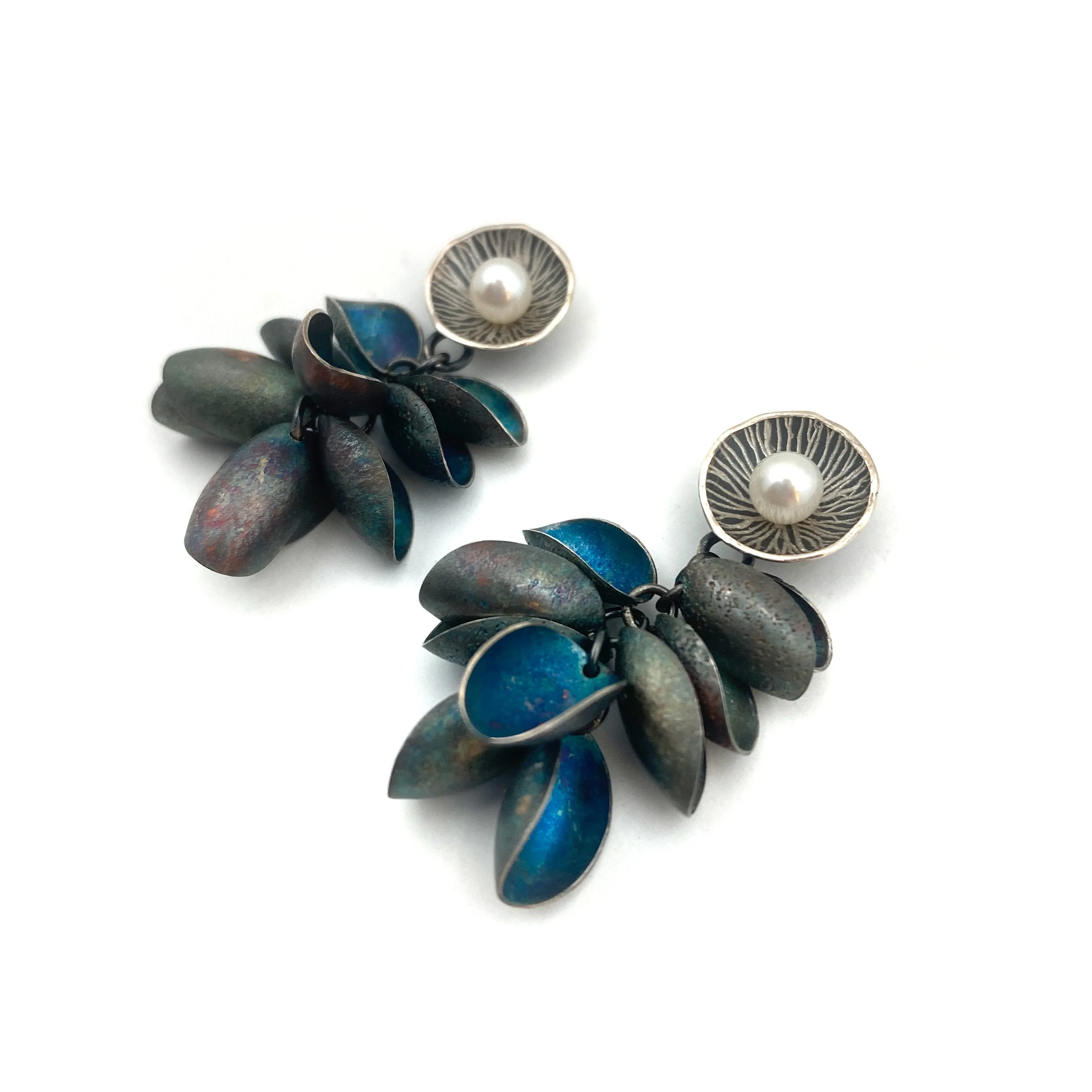 Blue Petal and Pearl Earrings