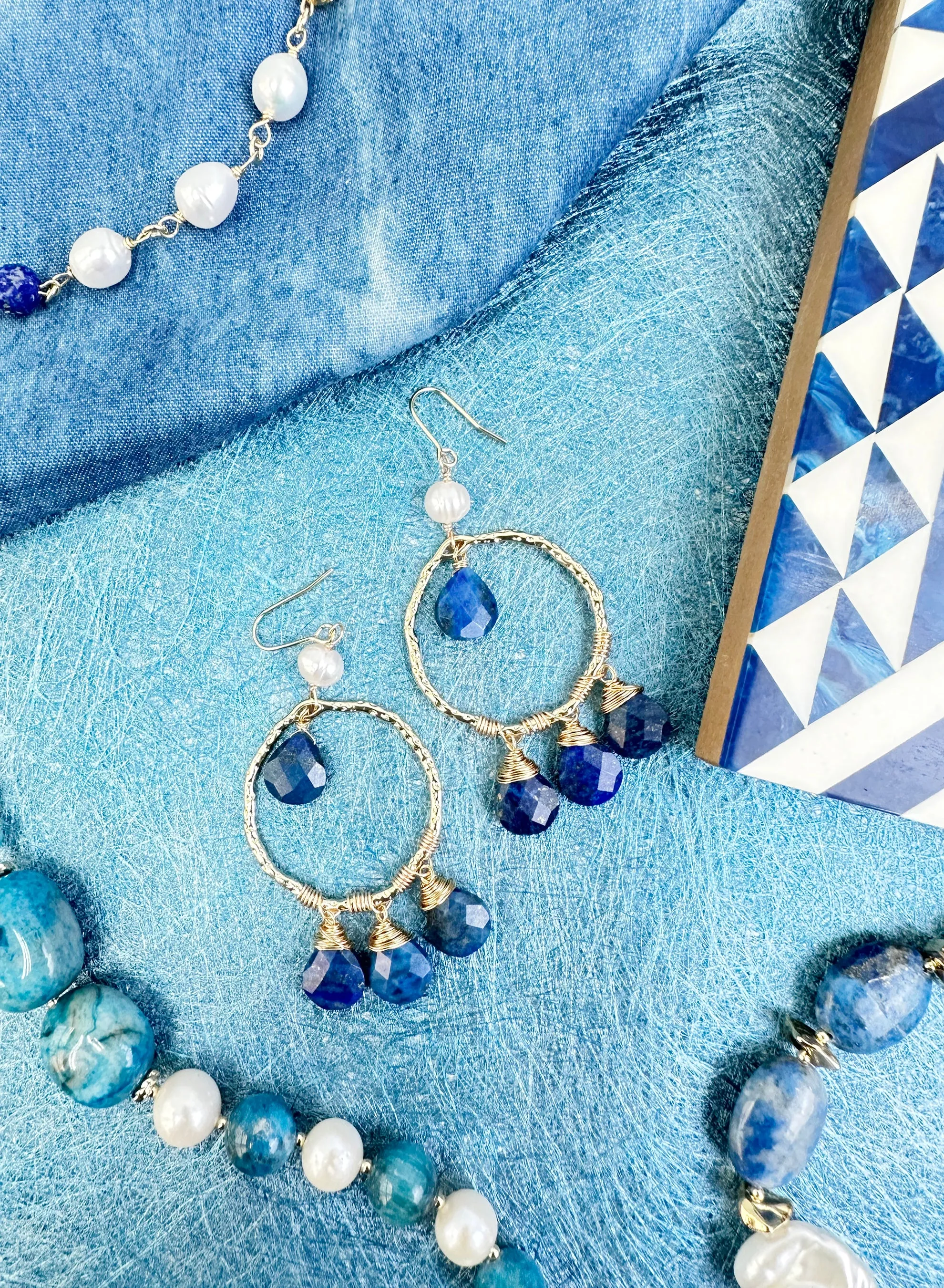 Bohemian Style Lapis with Freshwater Pearls Dangle Earrings KE010