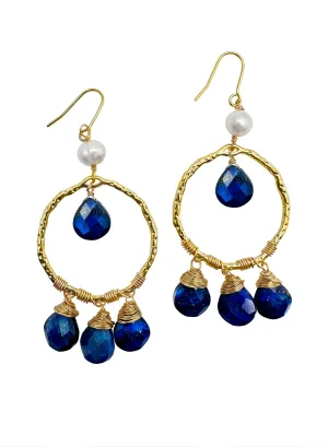 Bohemian Style Lapis with Freshwater Pearls Dangle Earrings KE010