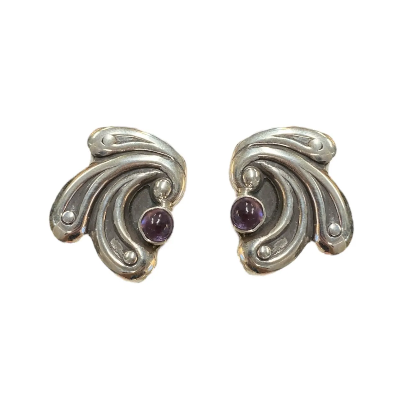 Cabochon Amethyst & Silver Swirl Earrings