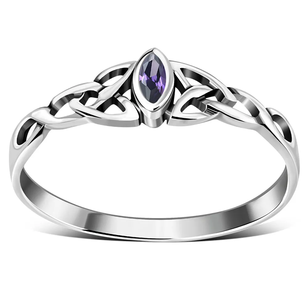 Celtic Thin Trinity Knot Silver Ring set w/ Amethyst Stone