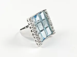 Classic Elegant Curve Square 3 Row Detailed Cut Aquamarine CZs Silver Ring