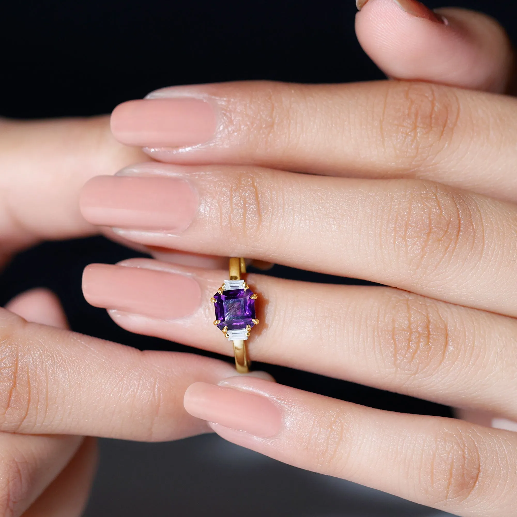 Claw Set Asscher Cut Amethyst Solitaire Ring with Diamond