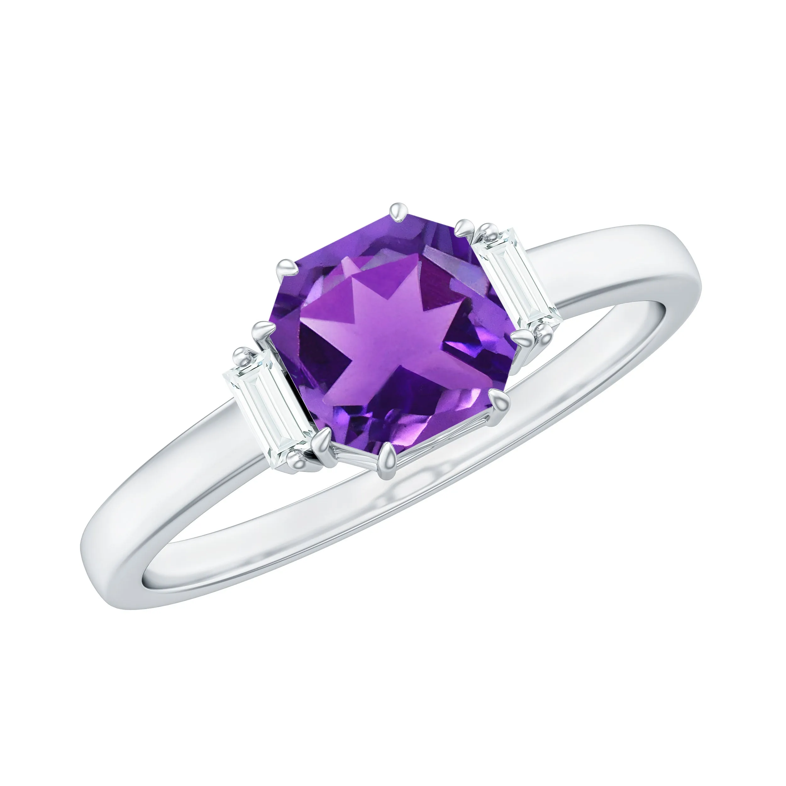 Claw Set Asscher Cut Amethyst Solitaire Ring with Diamond