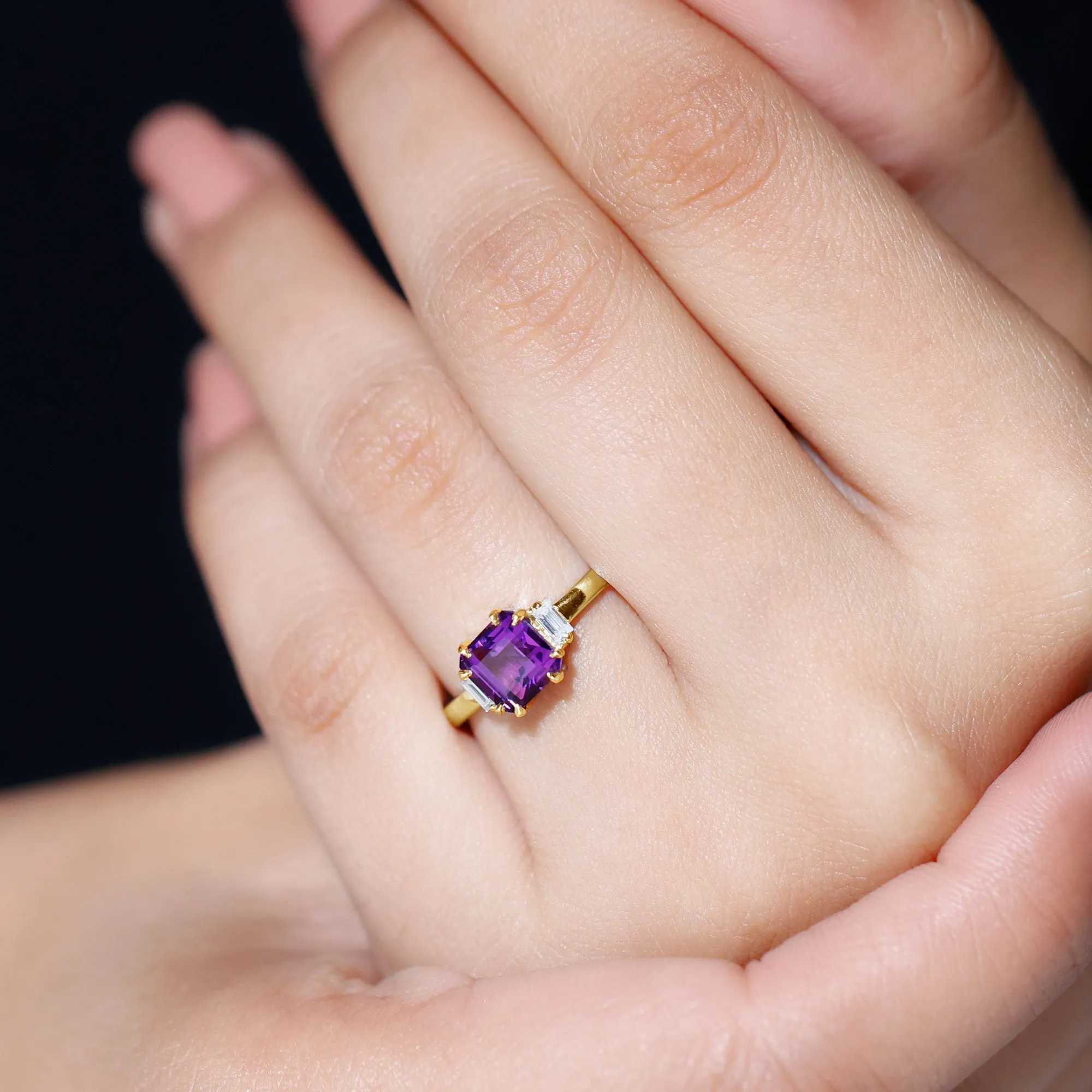 Claw Set Asscher Cut Amethyst Solitaire Ring with Diamond