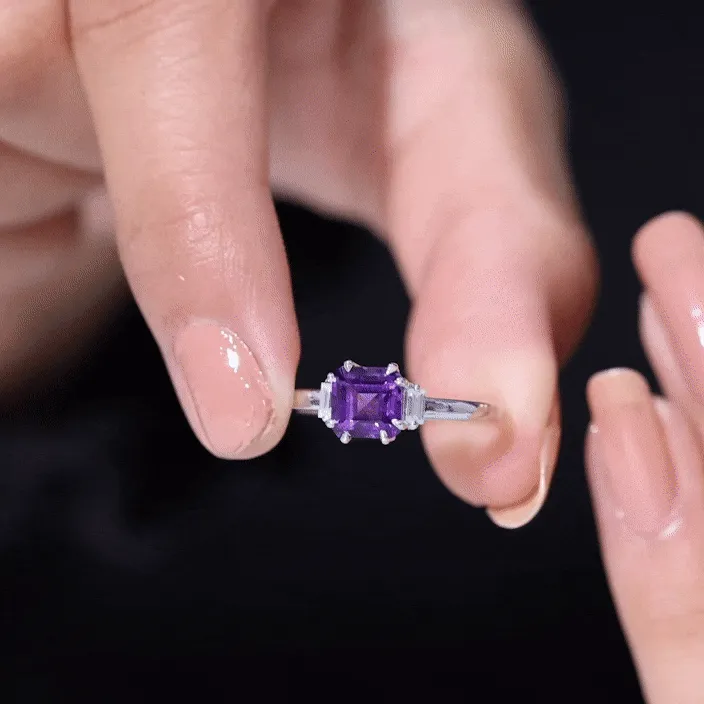 Claw Set Asscher Cut Amethyst Solitaire Ring with Diamond