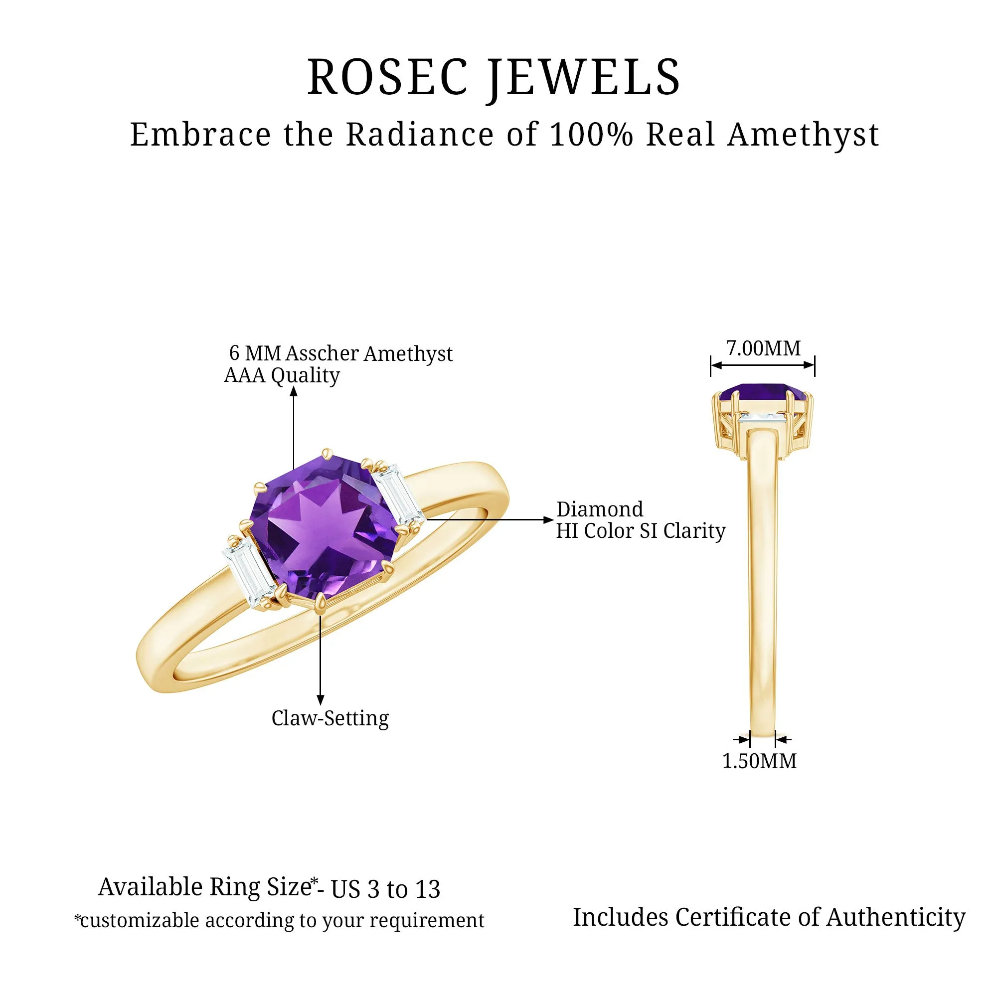 Claw Set Asscher Cut Amethyst Solitaire Ring with Diamond