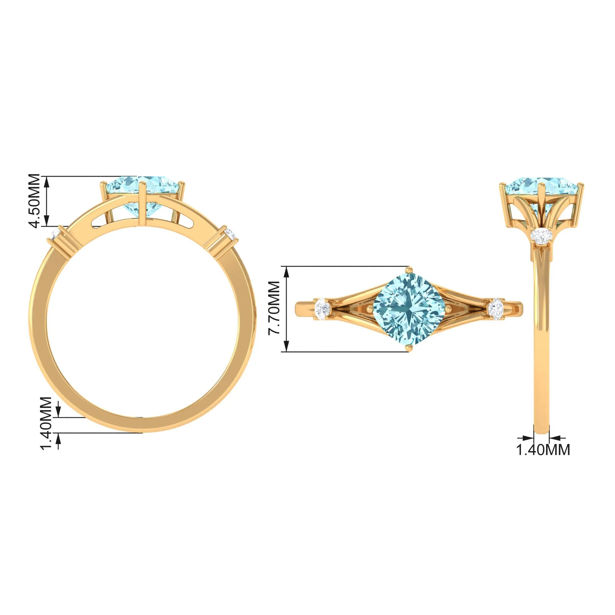 Cushion Cut Aquamarine Solitaire Ring with Diamond in Split Shank