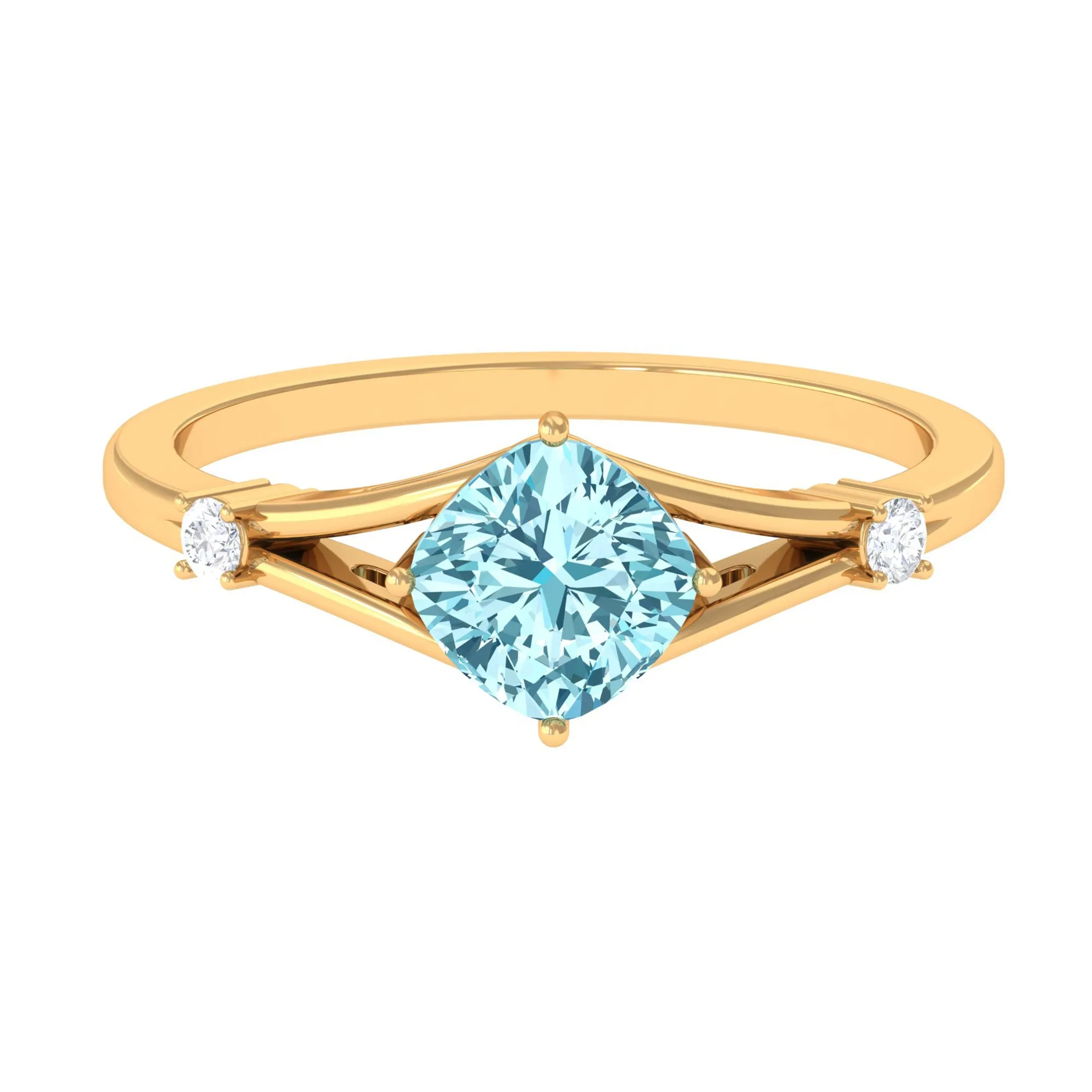 Cushion Cut Aquamarine Solitaire Ring with Diamond in Split Shank