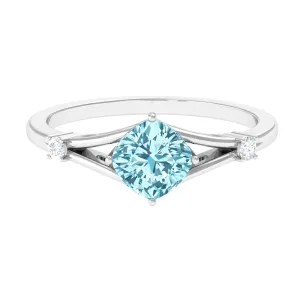 Cushion Cut Aquamarine Solitaire Ring with Diamond in Split Shank