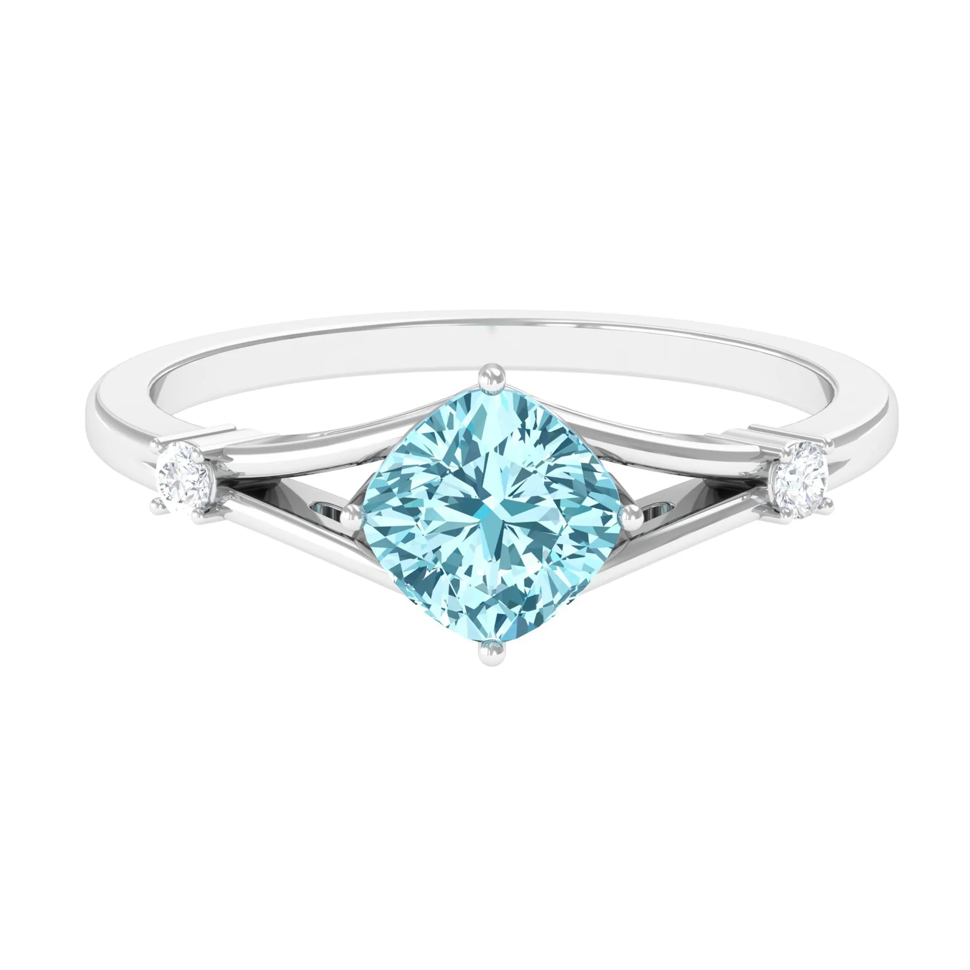 Cushion Cut Aquamarine Solitaire Ring with Diamond in Split Shank