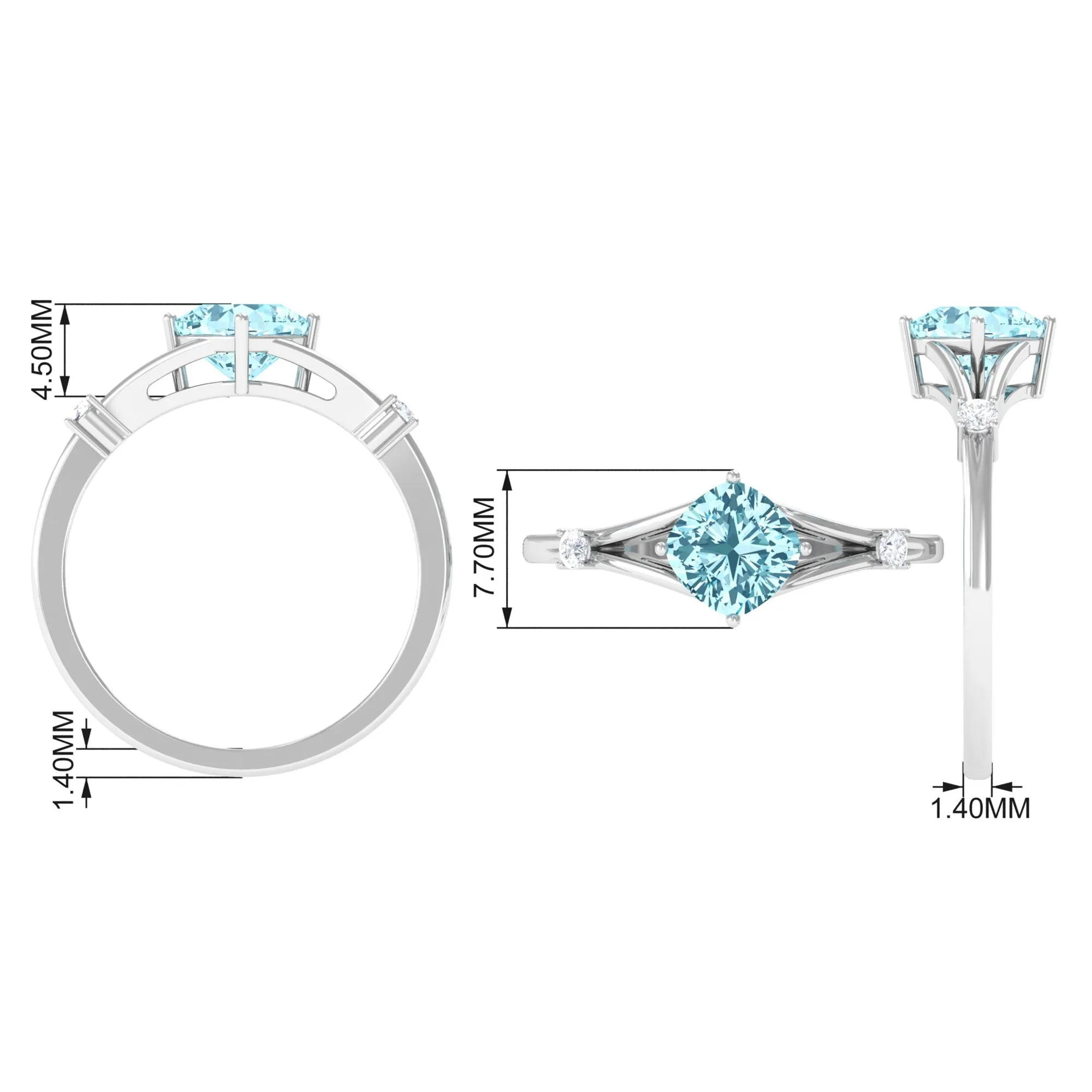 Cushion Cut Aquamarine Solitaire Ring with Diamond in Split Shank