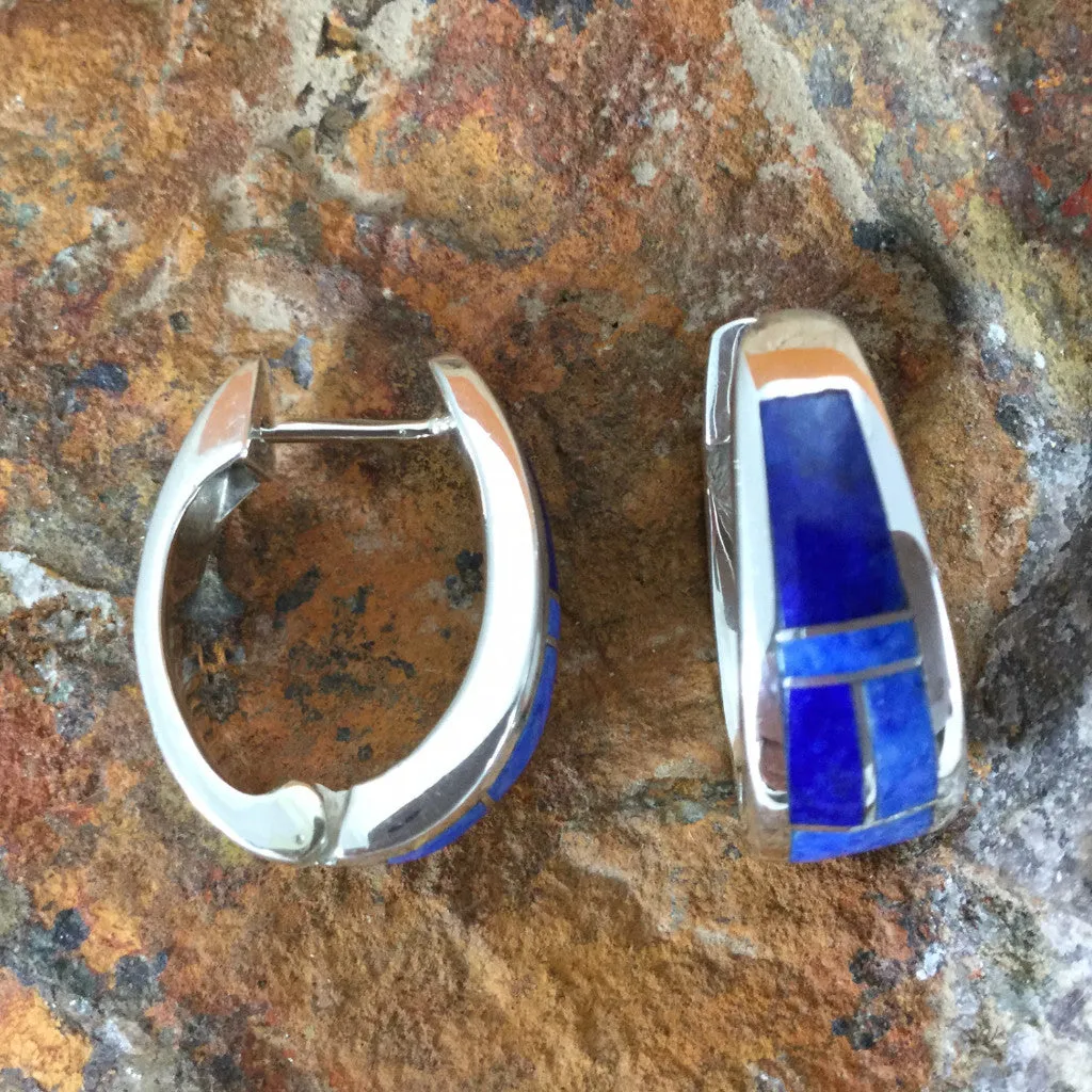 David Rosales Blue Water Inlaid Sterling Silver Huggie Earrings