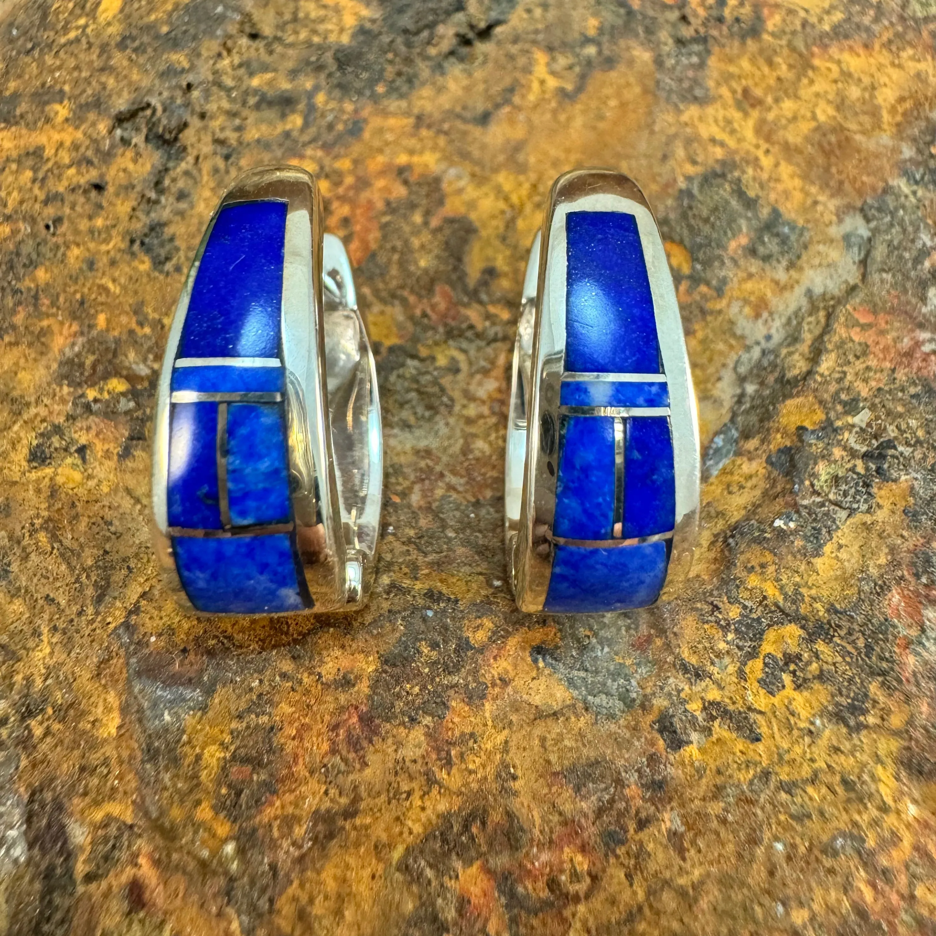 David Rosales Blue Water Inlaid Sterling Silver Huggie Earrings