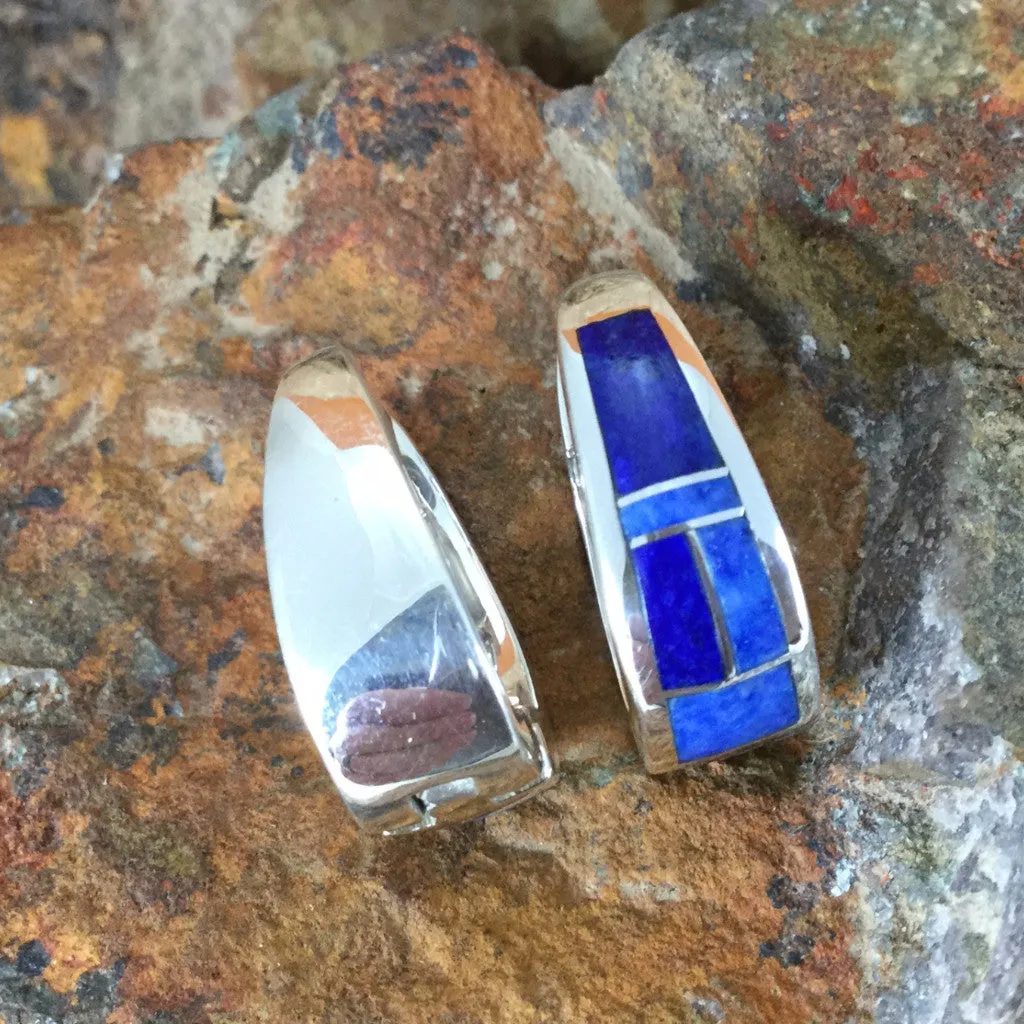 David Rosales Blue Water Inlaid Sterling Silver Huggie Earrings