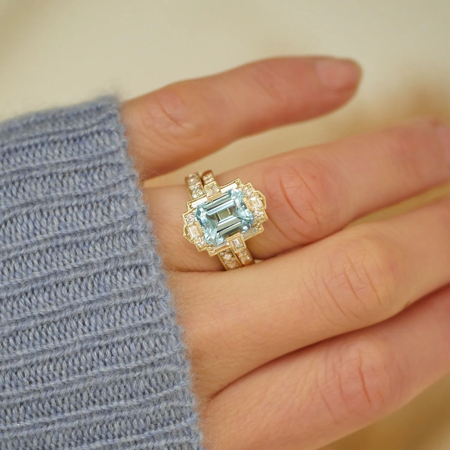 Deco Emerald Cut Aquamarine Diamond Mosaic Ring