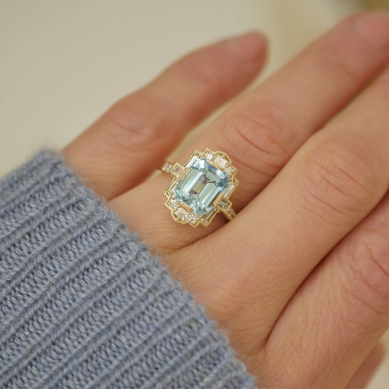 Deco Emerald Cut Aquamarine Diamond Mosaic Ring