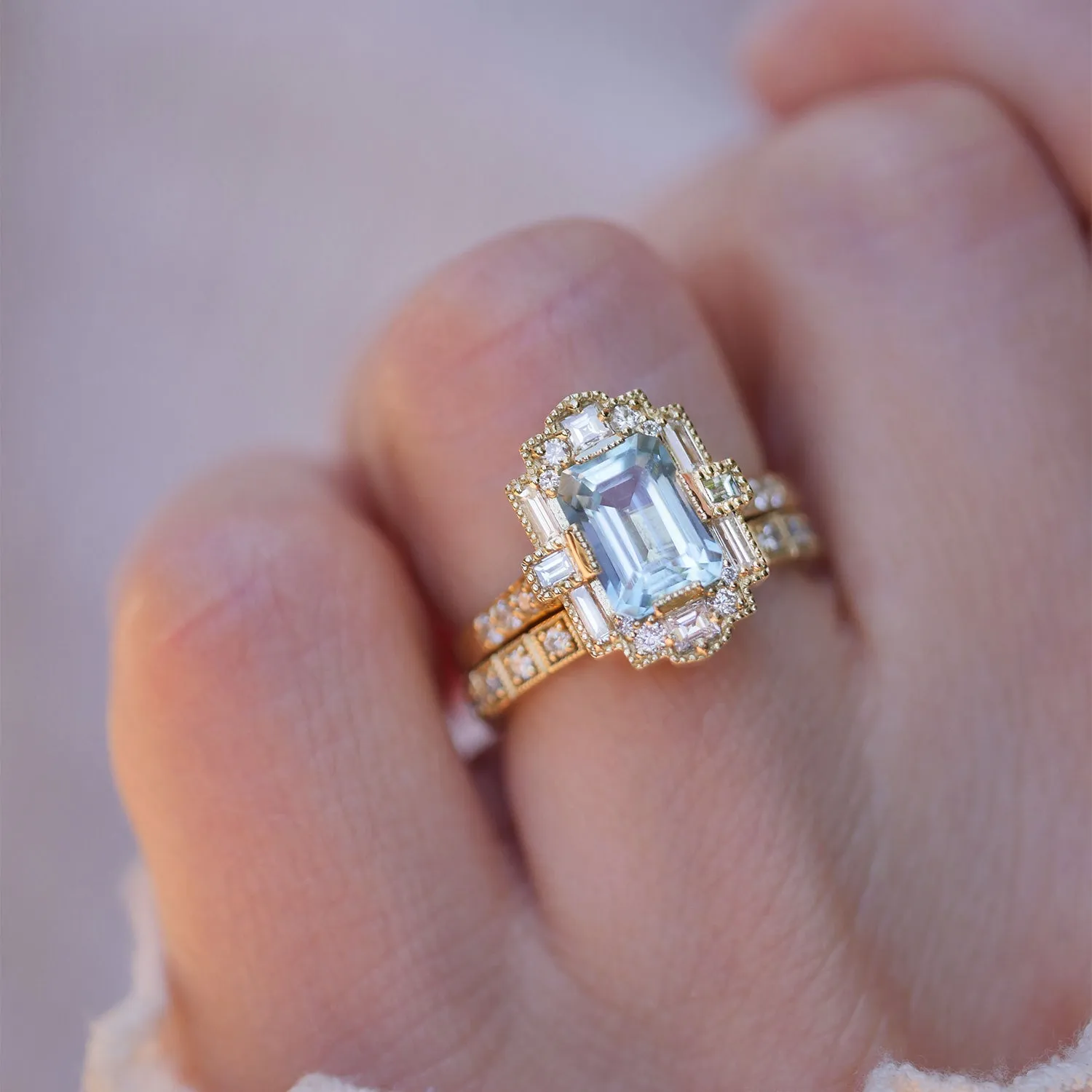 Deco Emerald Cut Aquamarine Diamond Mosaic Ring