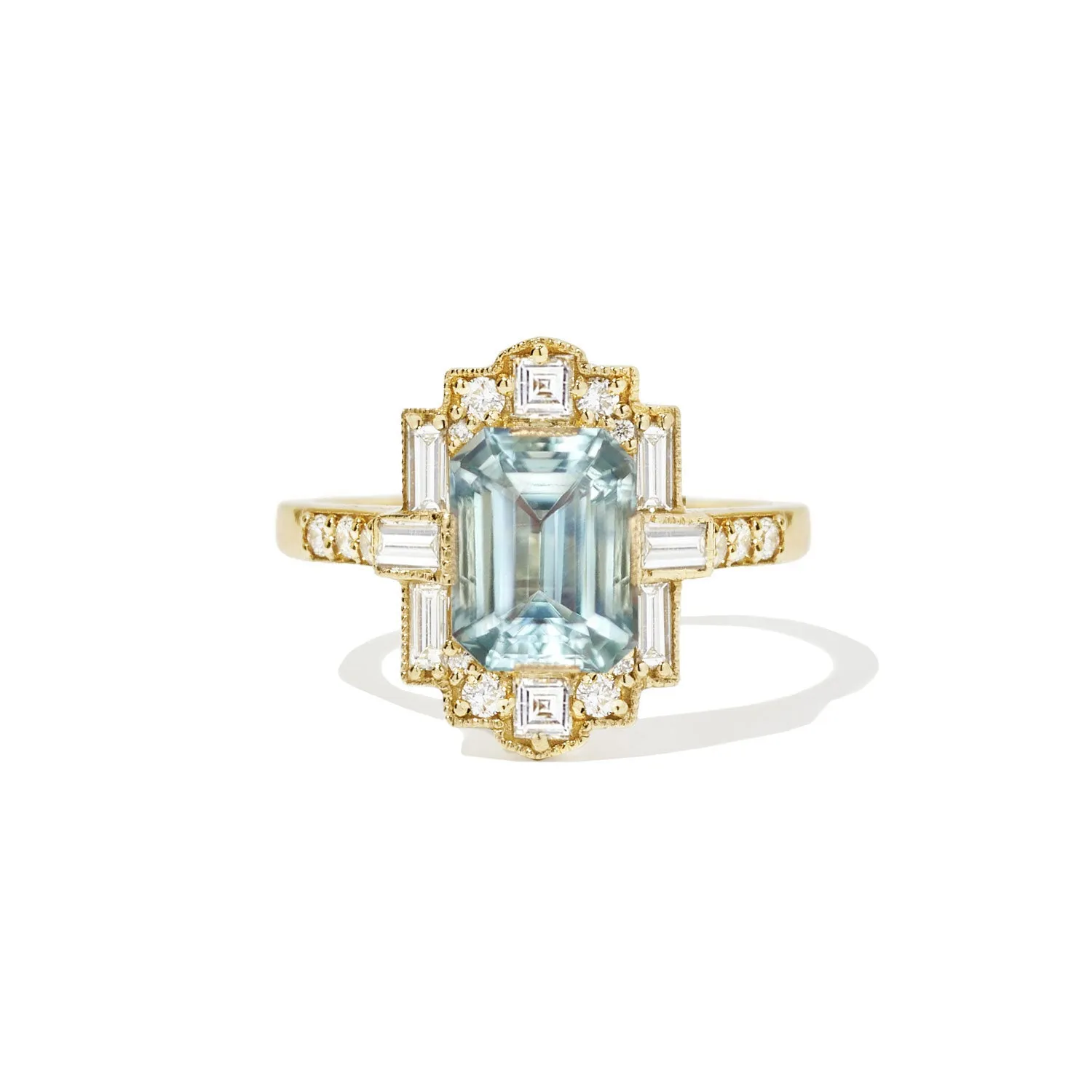 Deco Emerald Cut Aquamarine Diamond Mosaic Ring