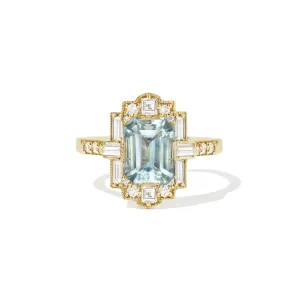 Deco Emerald Cut Aquamarine Diamond Mosaic Ring