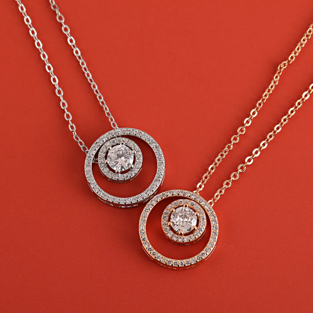 Double Circle with Round Zircon Pendant Silver Necklace for Women