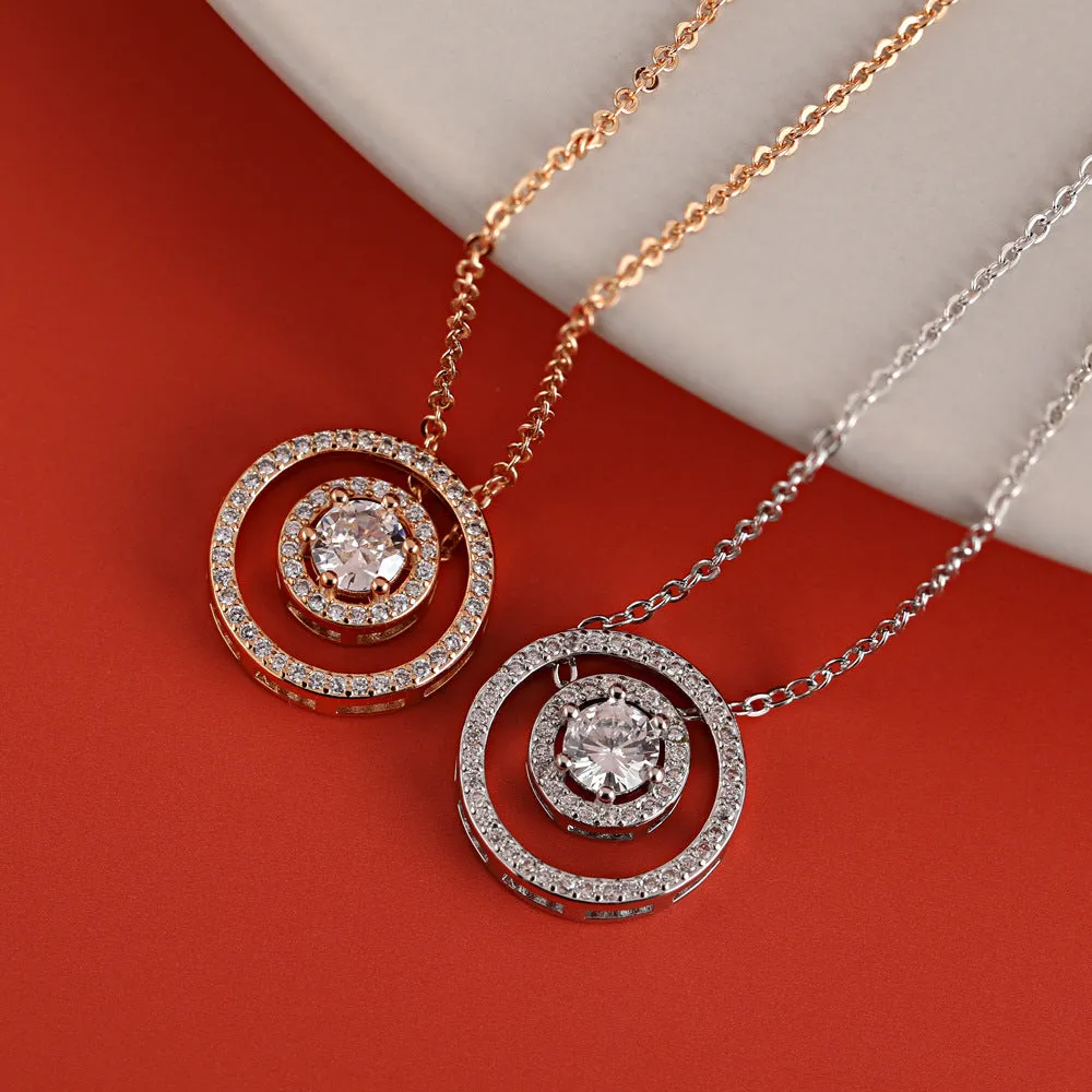 Double Circle with Round Zircon Pendant Silver Necklace for Women