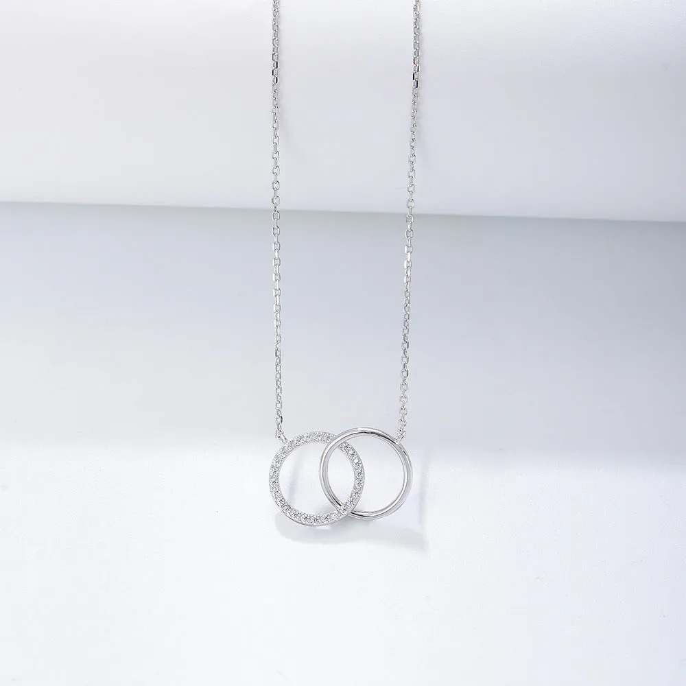 Double Circle with Zircon Sterling Silver Necklace for Women