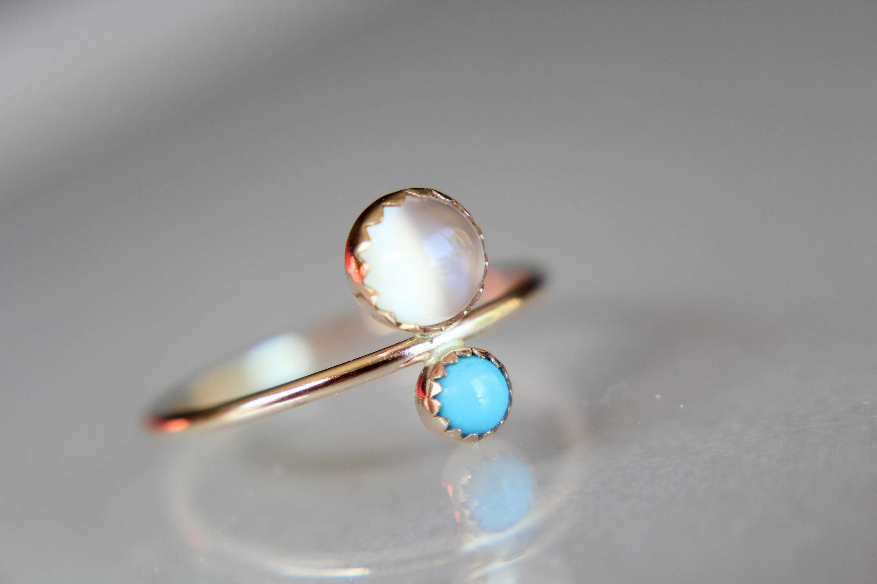 Double Gemstone Ring, Moonstone Ring, Engagement Ring, Turquoise, Dual Gemstone Ring, Gemstone Stacking Ring, White, Moonstone, Gift