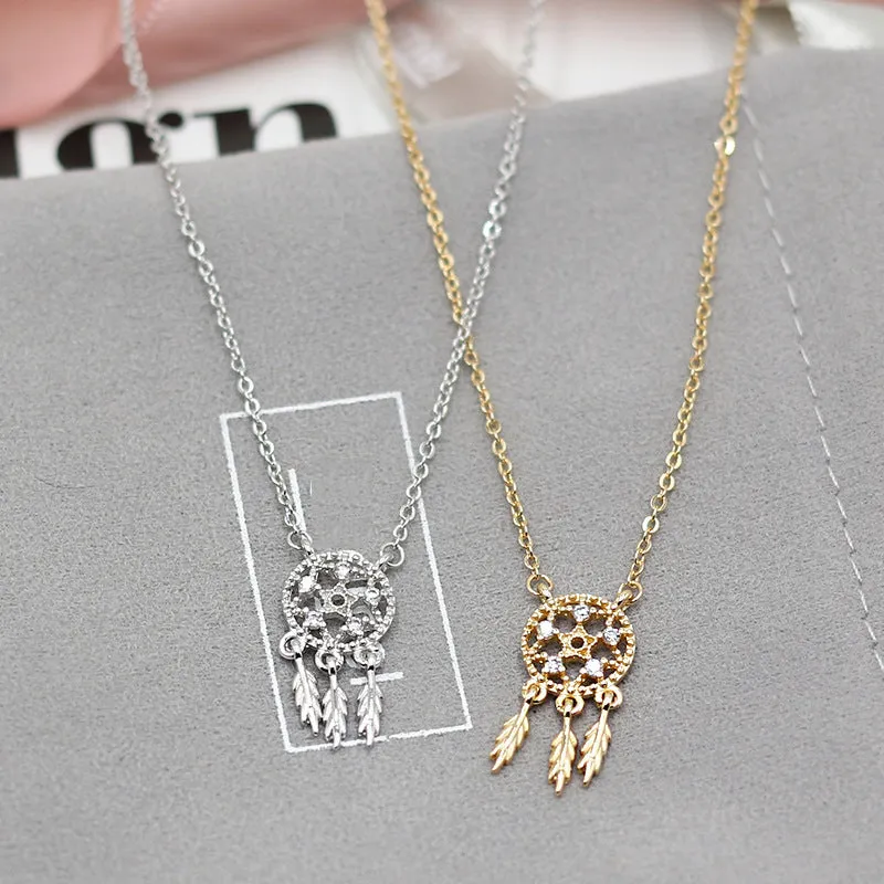 Dream Catcher with Zircon Pendant Silver Necklace for Women