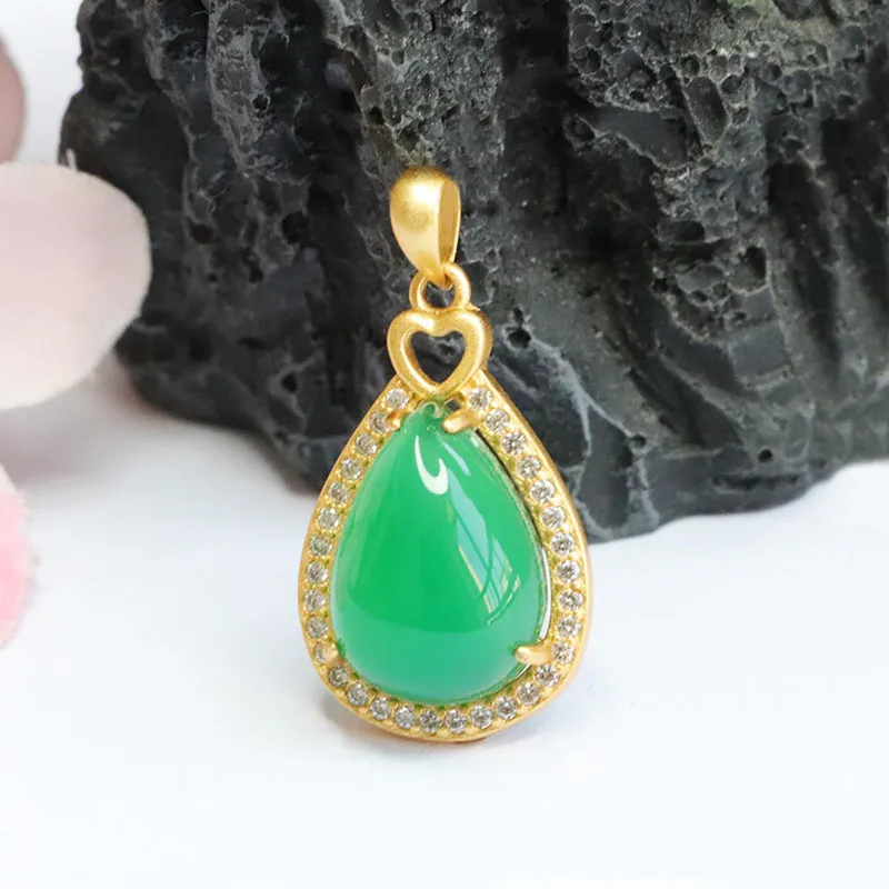 Droplet Pendant Necklace with Green Chalcedony and Zircon Details