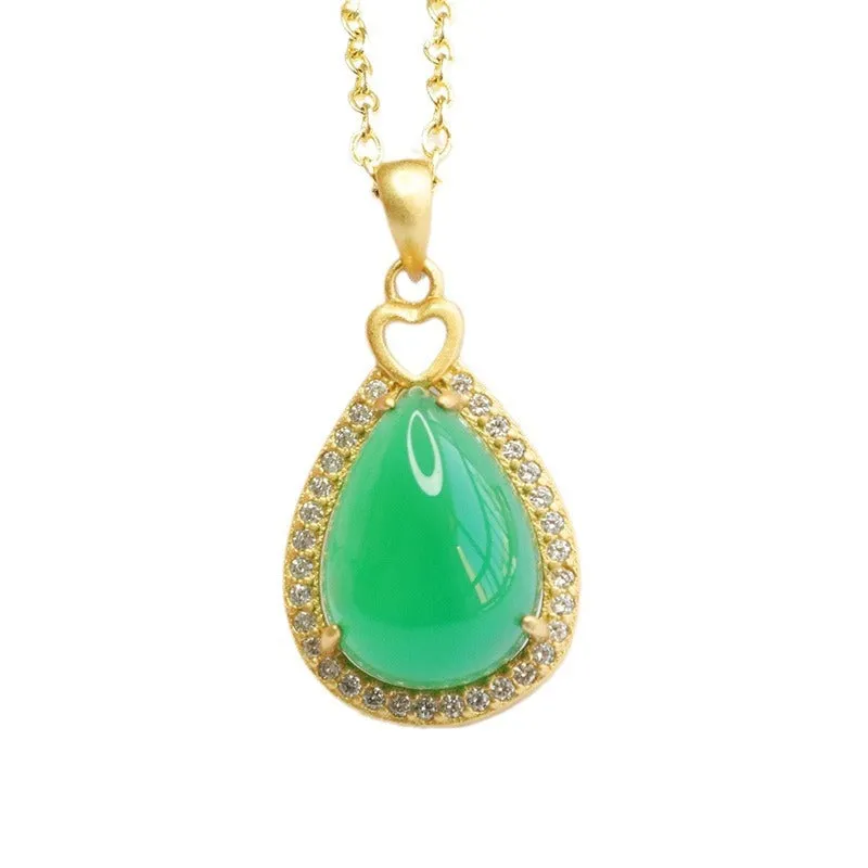 Droplet Pendant Necklace with Green Chalcedony and Zircon Details