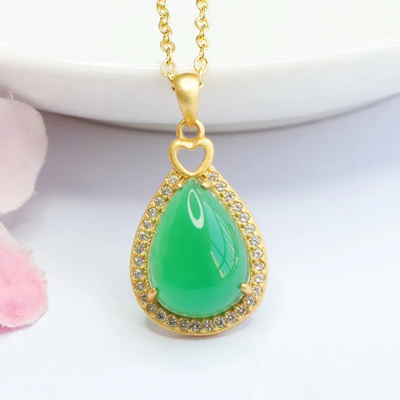 Droplet Pendant Necklace with Green Chalcedony and Zircon Details