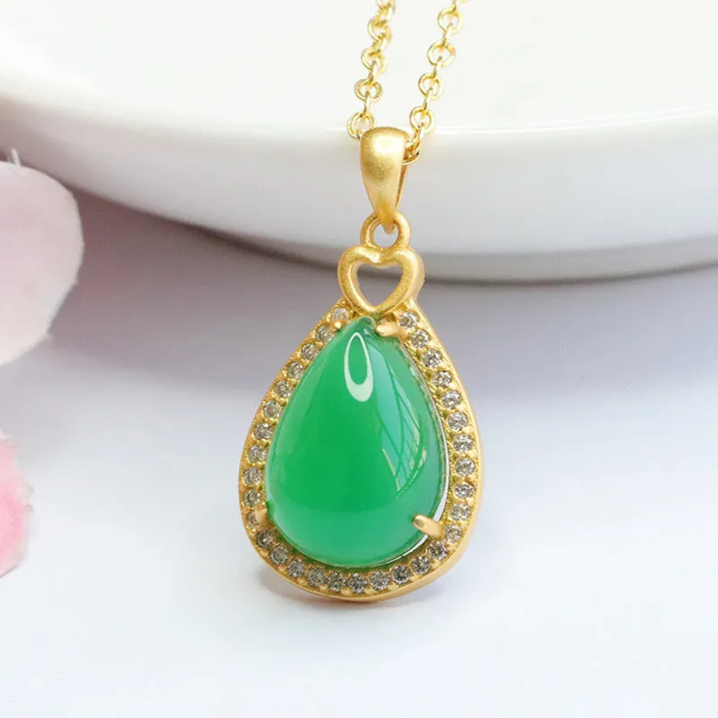 Droplet Pendant Necklace with Green Chalcedony and Zircon Details