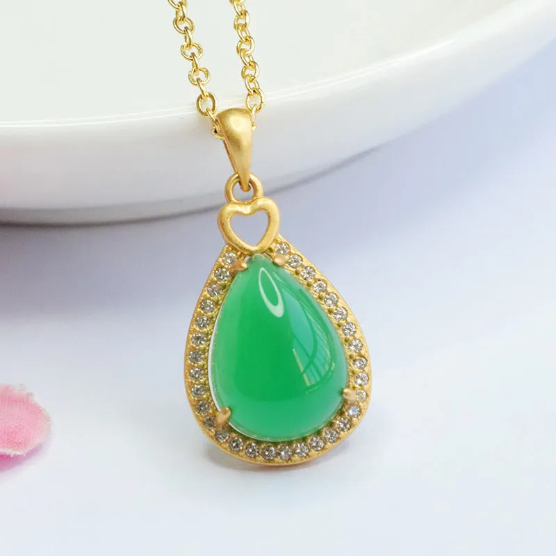 Droplet Pendant Necklace with Green Chalcedony and Zircon Details