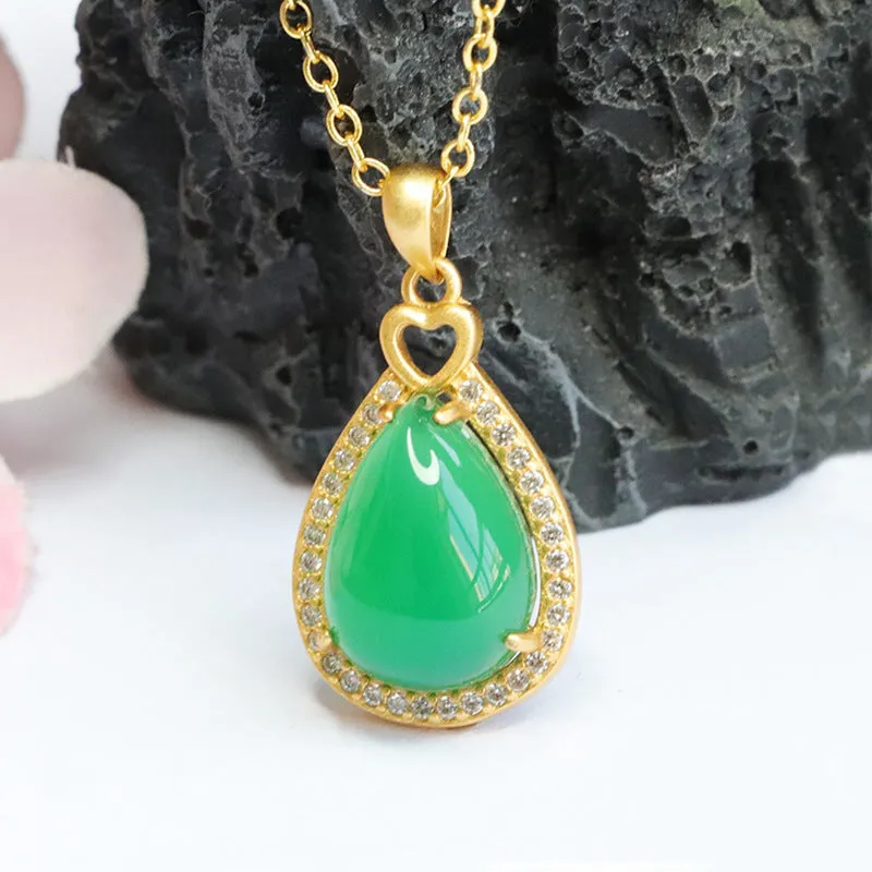 Droplet Pendant Necklace with Green Chalcedony and Zircon Details