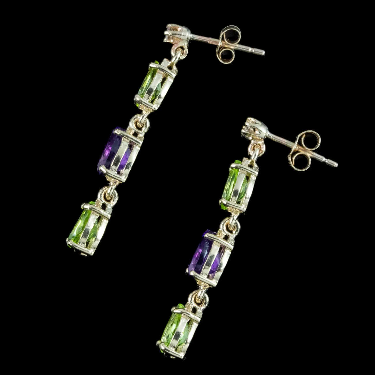 Edwardian Style Suffragette Drop Earrings Diamond Peridot Amethyst