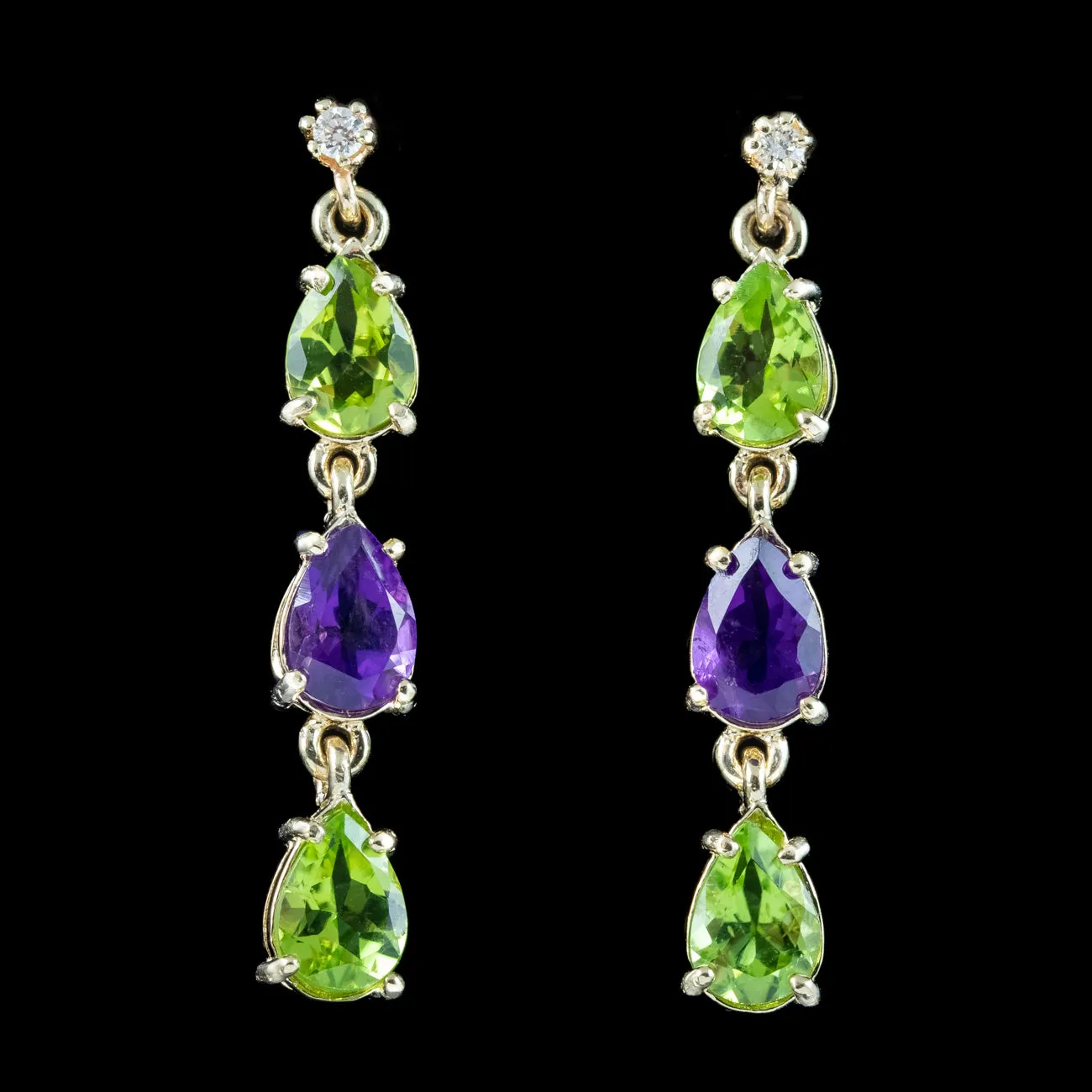 Edwardian Style Suffragette Drop Earrings Diamond Peridot Amethyst