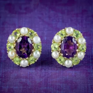 Edwardian Suffragette Style Cluster Earrings Amethyst Peridot Pearl