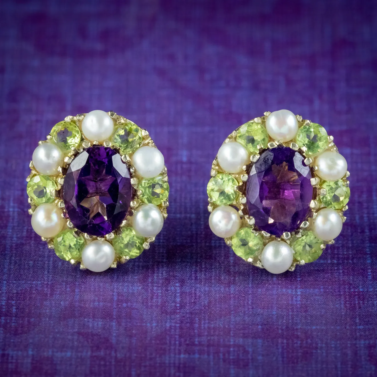 Edwardian Suffragette Style Cluster Earrings Amethyst Peridot Pearl