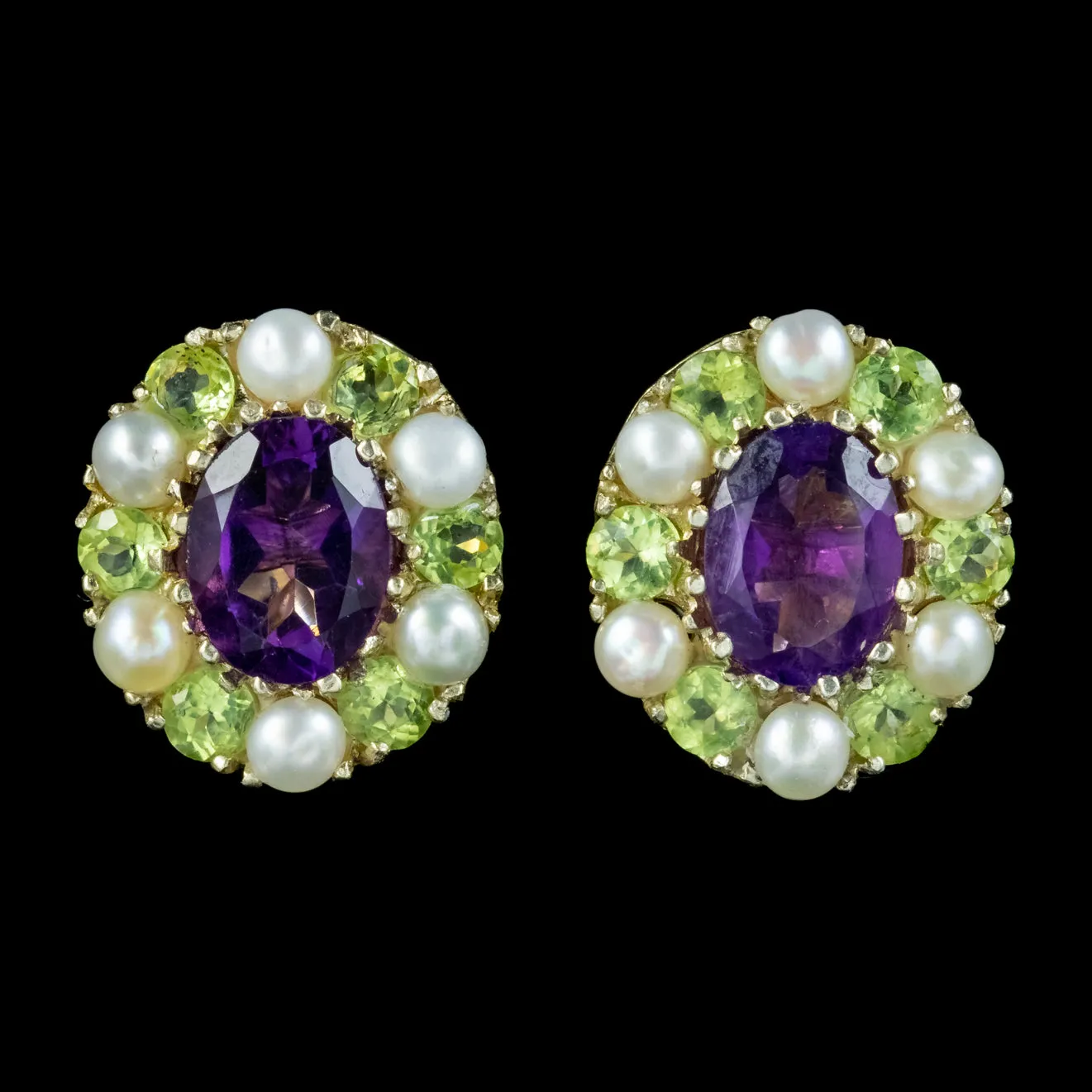 Edwardian Suffragette Style Cluster Earrings Amethyst Peridot Pearl