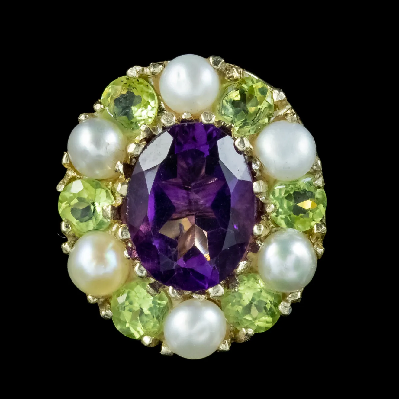 Edwardian Suffragette Style Cluster Earrings Amethyst Peridot Pearl