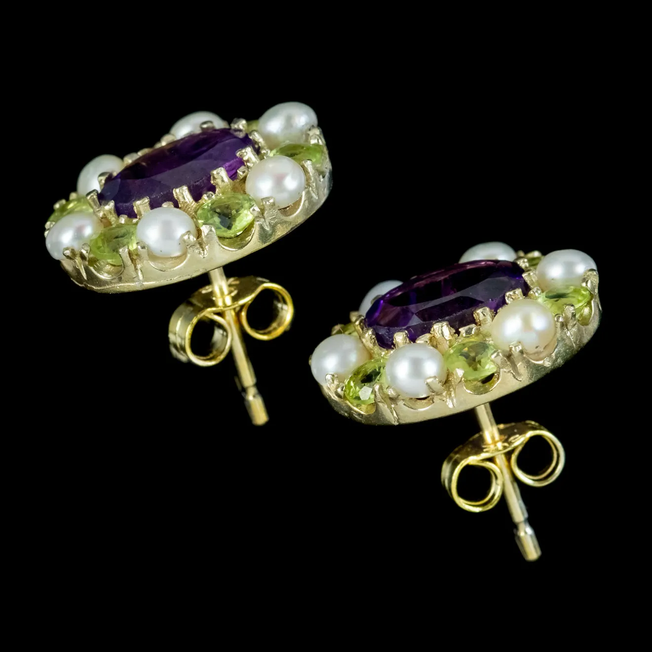 Edwardian Suffragette Style Cluster Earrings Amethyst Peridot Pearl