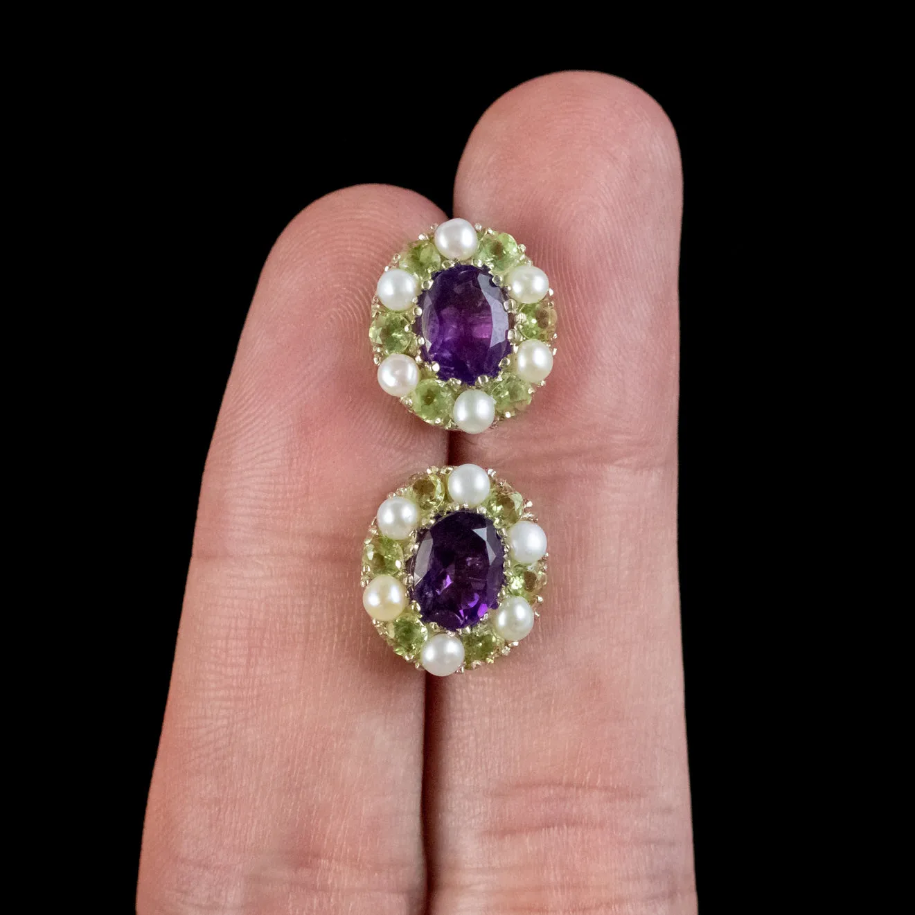 Edwardian Suffragette Style Cluster Earrings Amethyst Peridot Pearl