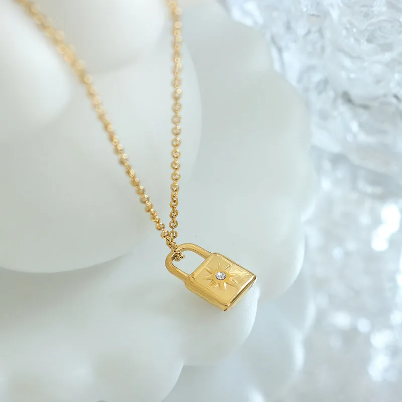 Elegant 18k Gold Plated Lock Pendant Necklace with Zircon Detail