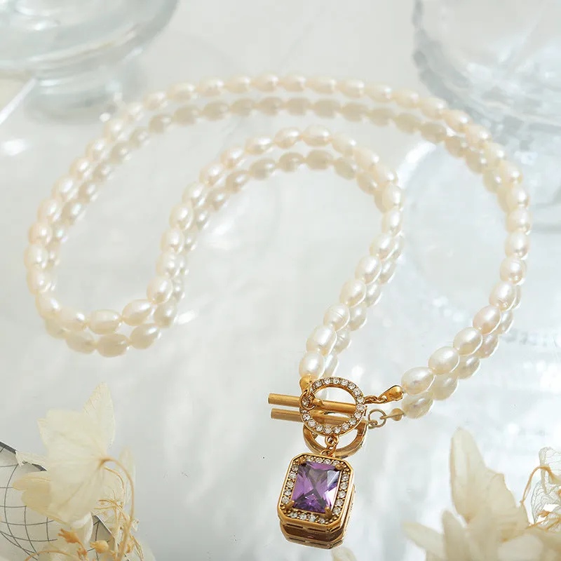 Elegant Freshwater Pearl and Zircon Pendant Necklace with Gold Plated Titanium Steel - Everyday Genie Collection