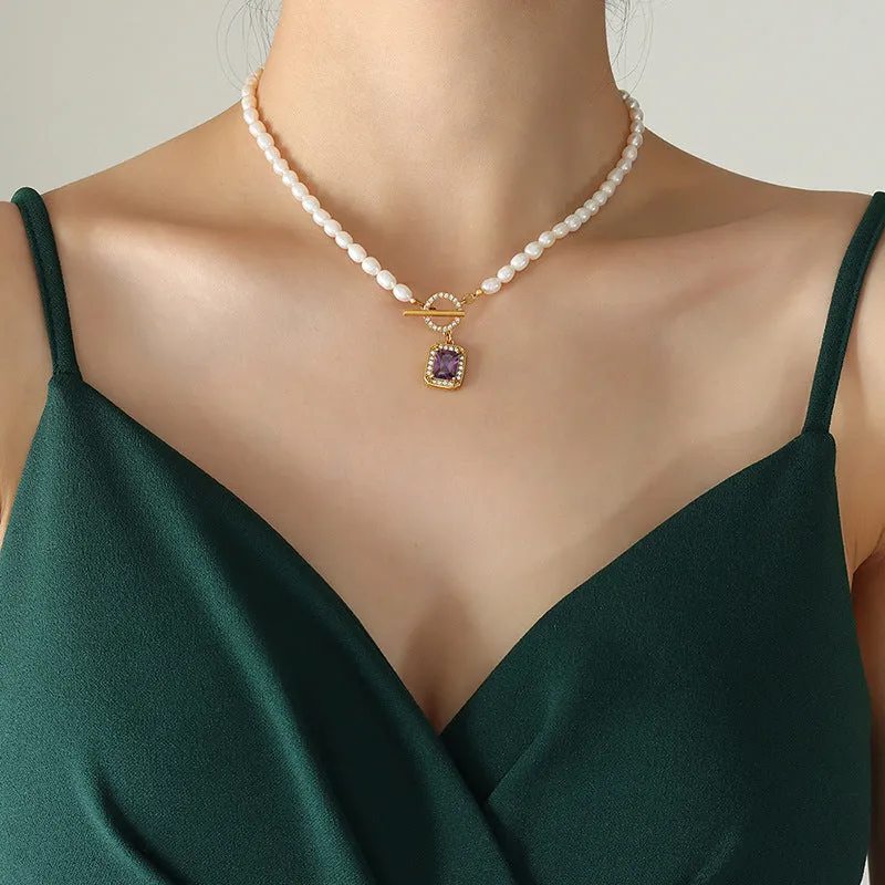 Elegant Freshwater Pearl and Zircon Pendant Necklace with Gold Plated Titanium Steel - Everyday Genie Collection