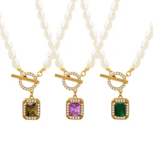 Elegant Freshwater Pearl and Zircon Pendant Necklace with Gold Plated Titanium Steel - Everyday Genie Collection